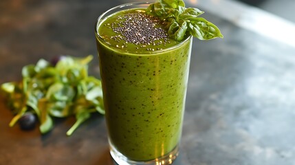 A vibrant smoothie made with berries, spinach, and a sprinkle of chia seeds, poured into a tall glass 