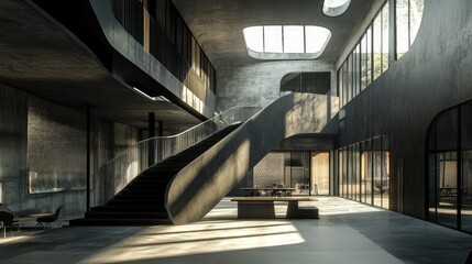Modern concrete building interior with curved staircase and large windows.
