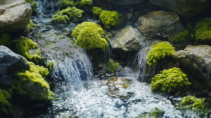 Fototapeta premium Close up water cascading over moss rocks, small waterfall with green plant mossy.