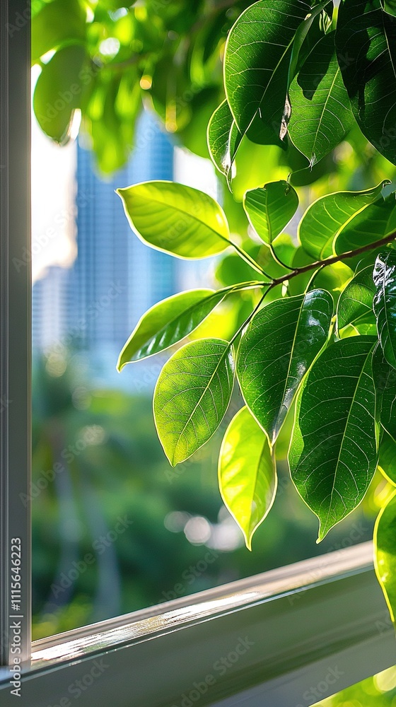 Poster a close-up of a window with a green tree in the foreground and a cityscape in the background