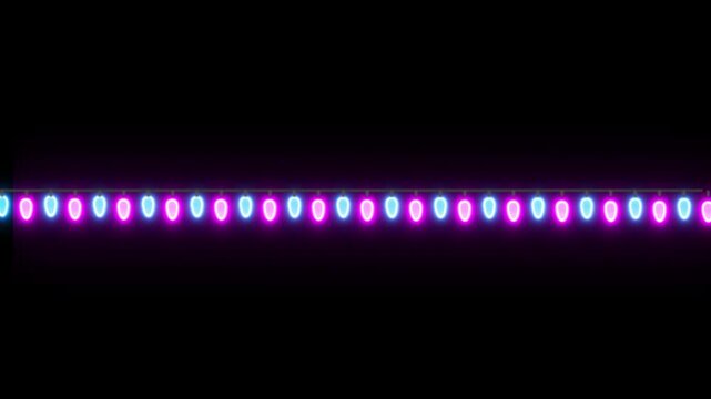 Colorful string of glowing blinking light bulbs. Glowing and blinking christmas lights isolated on black background with alpha channel Realistic garlands, festive decorations birthday Holiday decor