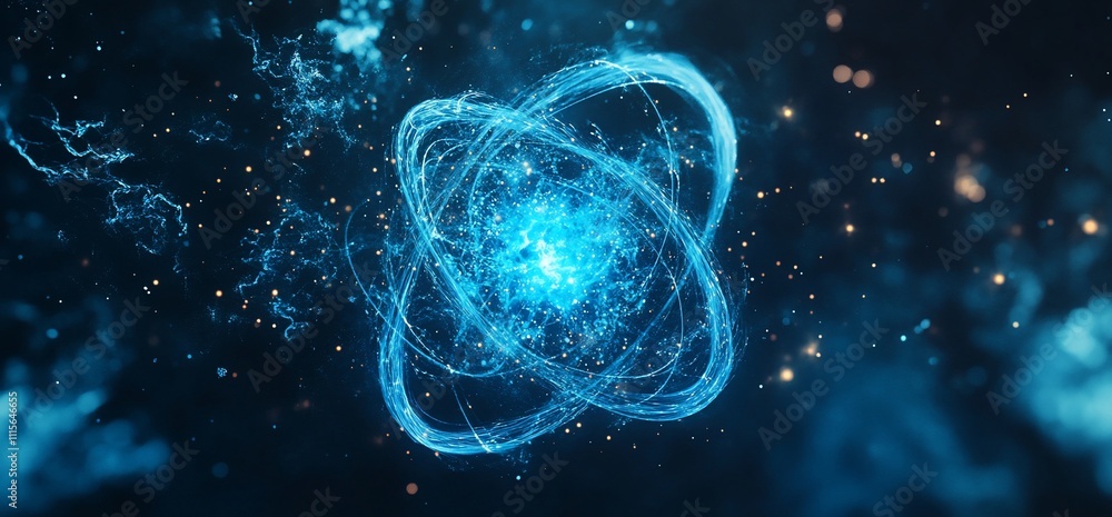 Poster a glowing atomic structure representing scientific concepts.