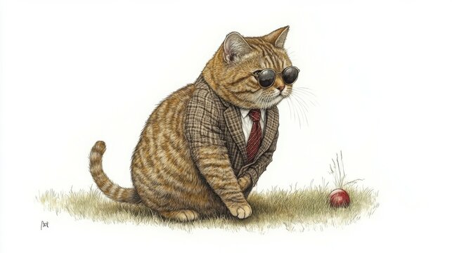 A cool cat rocking a suit with a tie and sunglasses, combining a professional appearance with a fun and humorous personality, ideal for a playful business-themed image.