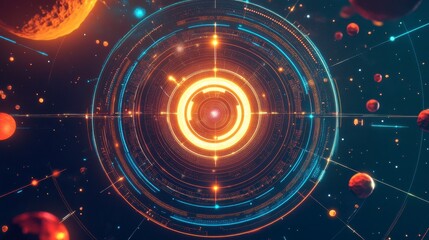 Futuristic Circular Design in Cosmic Space with Orbs and Light Effects, Exploring Advanced Technology and Stellar Phenomena in a Vibrant Universe