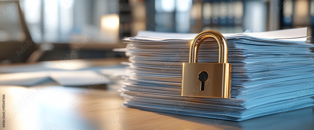 Poster a golden padlock securing a stack of documents on a desk.