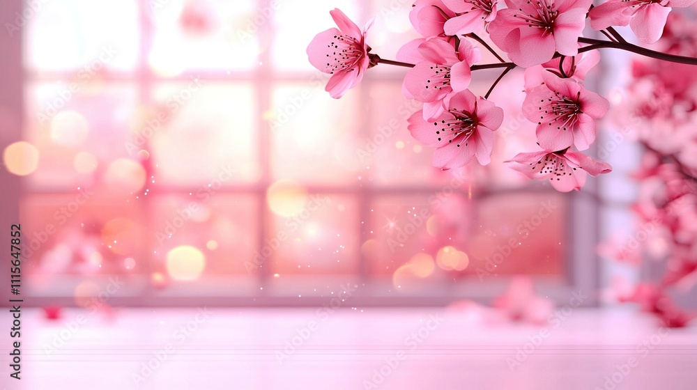 Poster a pink-branching flower in a window frame, illuminated by bokeh light
