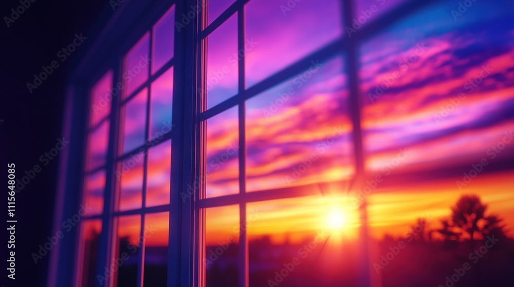 Poster a sunset viewed from inside through a window with trees and sky visible, and sunlight filtering thro