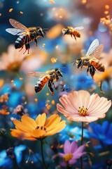 Naklejka premium Bees Over Flowers