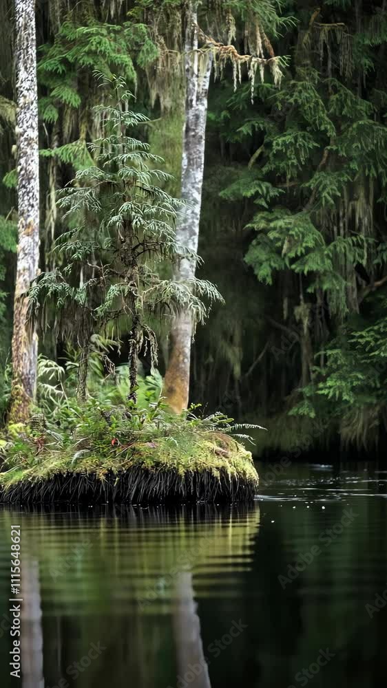 Aufkleber tranquil forest view with lush greenery and calm water reflecting trees in a serene wilderness setti