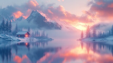 Fototapeta premium Serene winter sunset over snowy mountain lake with cabin.
