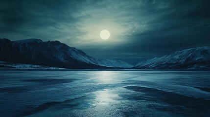 A breathtaking view of the Arctic snow-capped mountains and glaciers under a starry night sky. The frozen landscape is illuminated by the distant stars, creating a serene yet awe-inspiring atmosphere 