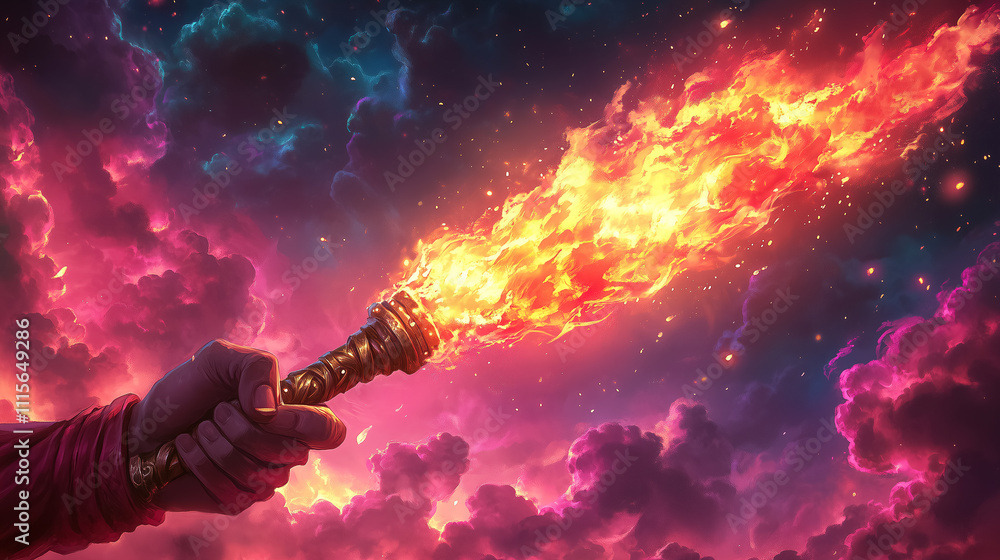 Poster dramatic display of a hand holding a flaming torch against a vibrant cosmic background at dusk. gene