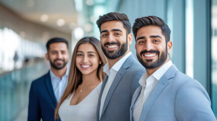 Obraz premium Diverse group of employees project team standing together in modern business building - group selfi