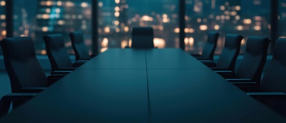 Obraz premium Modern business conference room at night with illuminated city skyline in the background, featuring an empty long table and ergonomic black chairs for professional meetings