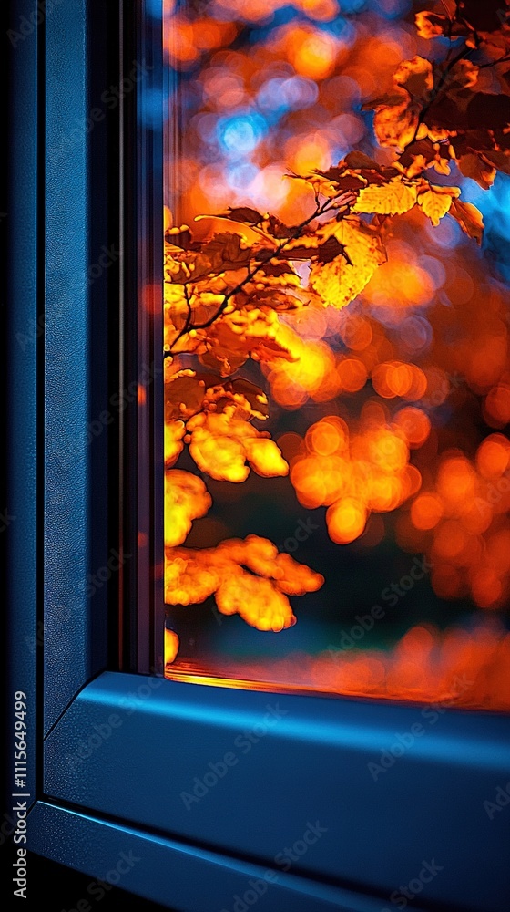 Poster a detailed shot of a window with a tree in the sill and fuzzy leaves outside