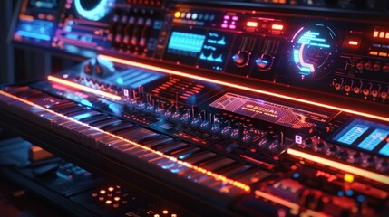 Obraz premium A vibrant synthesizer setup with glowing controls and displays, used for music production.