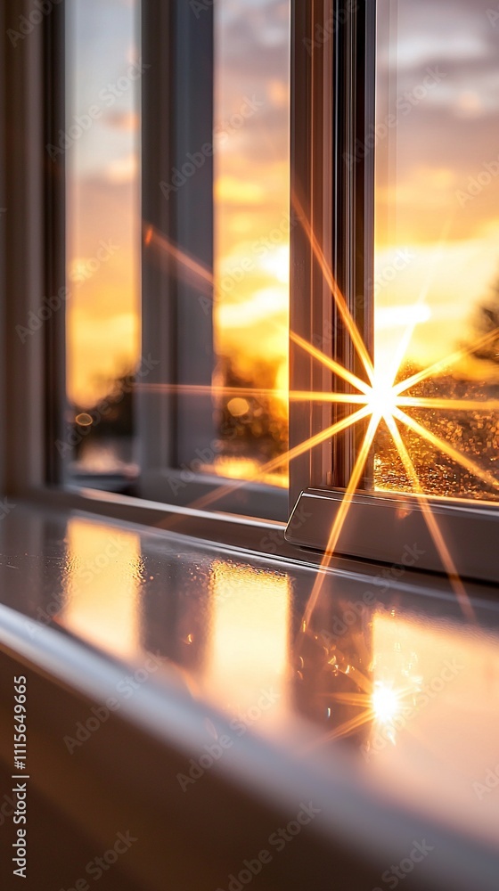 Poster a close-up of a window with sunlight streaming through the sill and the sky visible in the backgroun