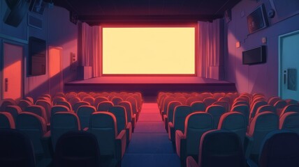 Fototapeta premium A movie theater with a red and yellow screen. The seats are empty. The theater is dark and the screen is lit up