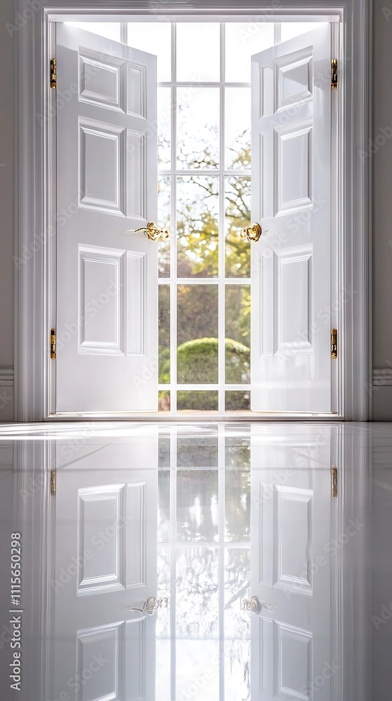 Poster   An image shows an open white door with a tree reflection on the floor and a window beyond