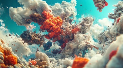 Obraz premium Abstract Explosion of Colors in a Cloudy Sky Creating a Surreal Visual Experience of Vibrant Textures and Dynamic Forms in an Unconventional Perspective