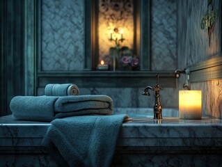 Fototapeta premium Elegant bath with soft towels and a glowing scented candle creating a serene ambiance