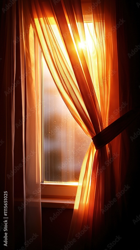 Poster a zoom-in of a curtain in front of a window, with sunlight filtering through the fabric and the curt