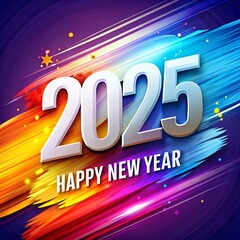 A vibrant New Year graphic featuring '2025' in bold white numbers over a dynamic, colorful brushstroke background.