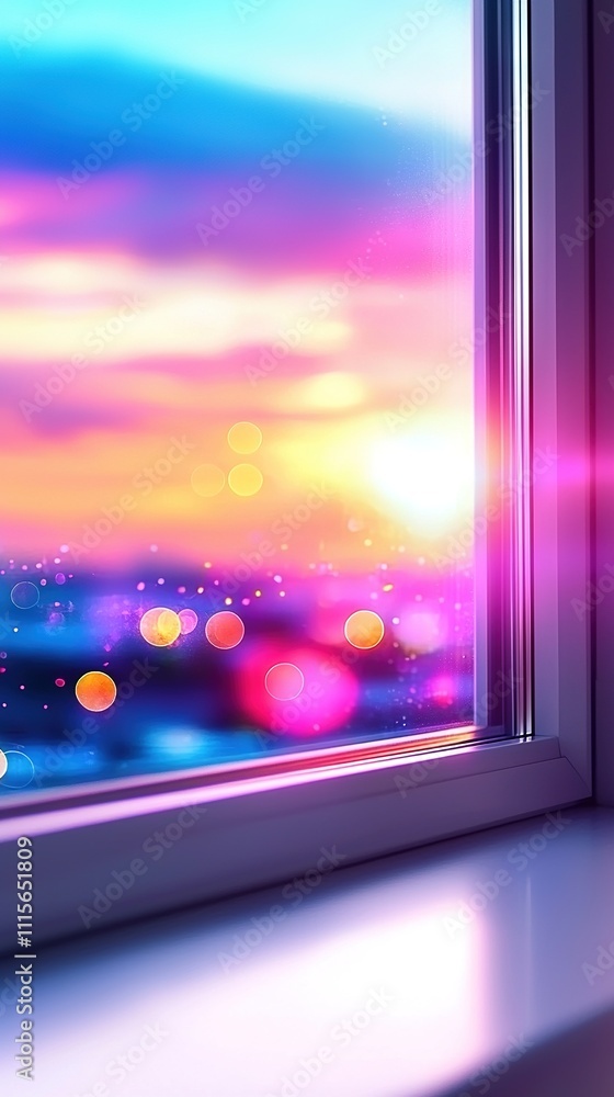 Poster a clear picture of a sunset through a window with a sharp cityscape in the foreground