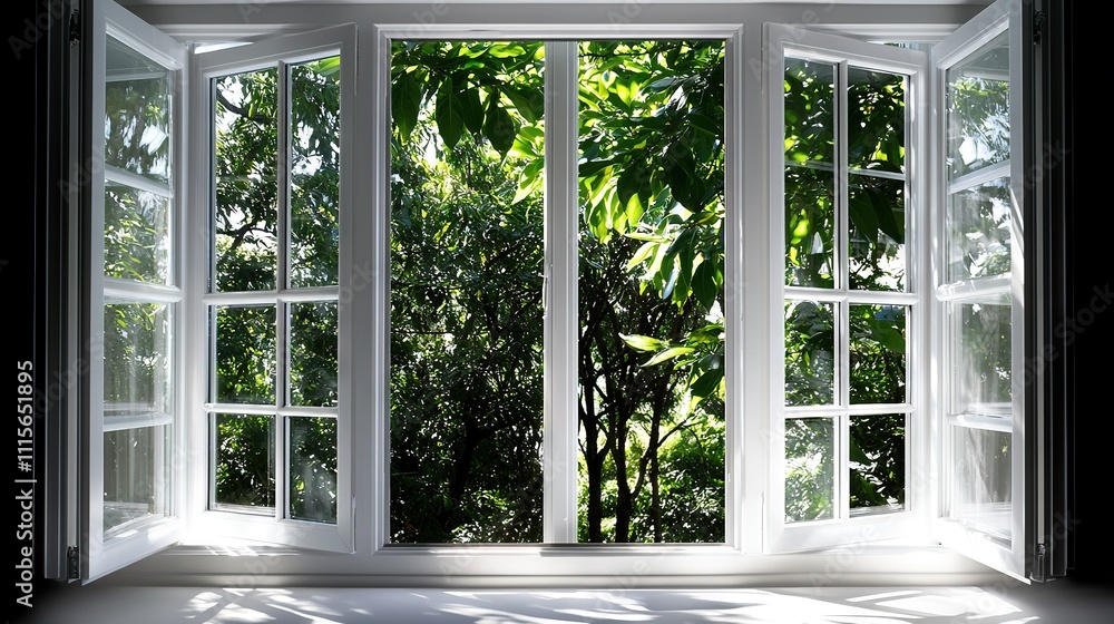 Poster an open window offering a view of a verdant forest beyond and sunlight filtering through