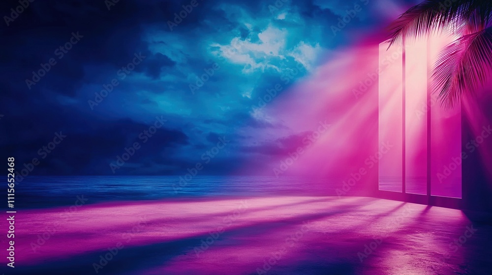 Poster room illuminated by midday sun streaming through window in the center, surrounded by palm trees in t