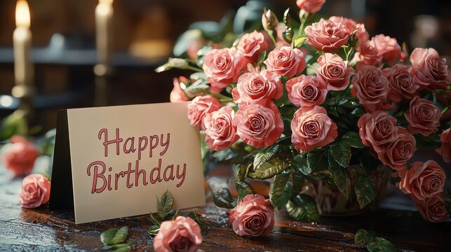 Birthday Greeting with Pink Roses in Elegant Candlelit Ambiance