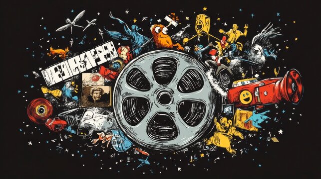 Colorful Collage of Creative Elements Featuring a Film Reel, Cartoon Characters, Vintage Items, and Artistic Illustrations Against a Dark Background