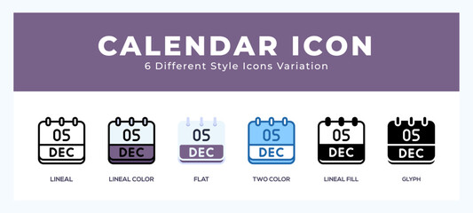 Calendar december icon set with different styles. Vector illustration.
