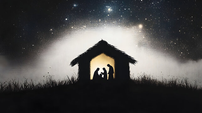 The Nativity. Silhouette of the Holy Family in the stable during the starry night. Digital illustration.