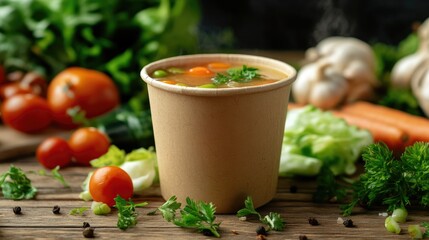 Steaming vegetable soup in disposable cup with fresh ingredients