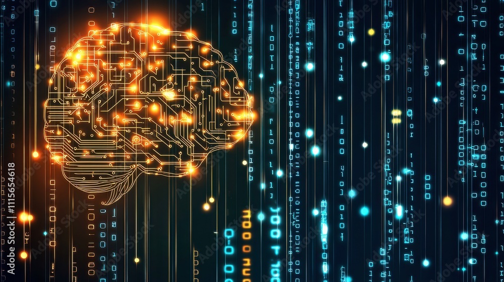 Aufkleber a glowing holographic brain visualizing artificial intelligence processes, set against a sleek digit