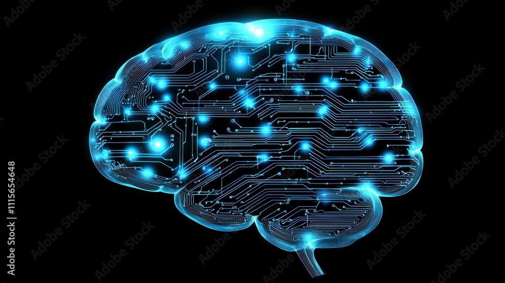 Poster a glowing holographic brain visualizing artificial intelligence processes, set against a sleek digit