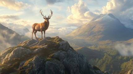 Majestic red deer stag stands proudly atop a rocky mountain peak at sunset, overlooking a vast, misty valley.