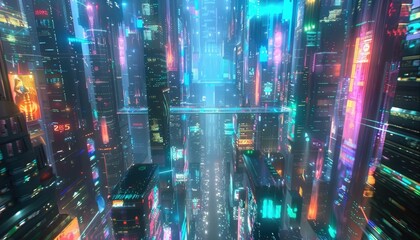 Obraz premium Futuristic Cityscape Neon Lights Glowing Towers