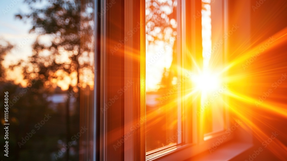 Poster a sunny close-up of a window sill with trees in the background