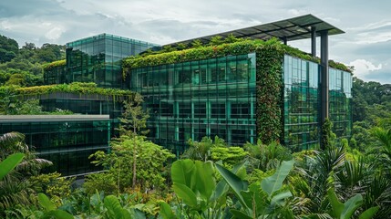 Green trees blending with reflective glass buildings, symbolizing eco-friendly corporate architecture