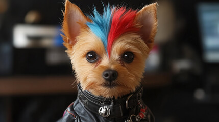 Small dog with vibrant mohawk hairstyle and leather jacket posing confidently for the camera indoors. Generative AI
