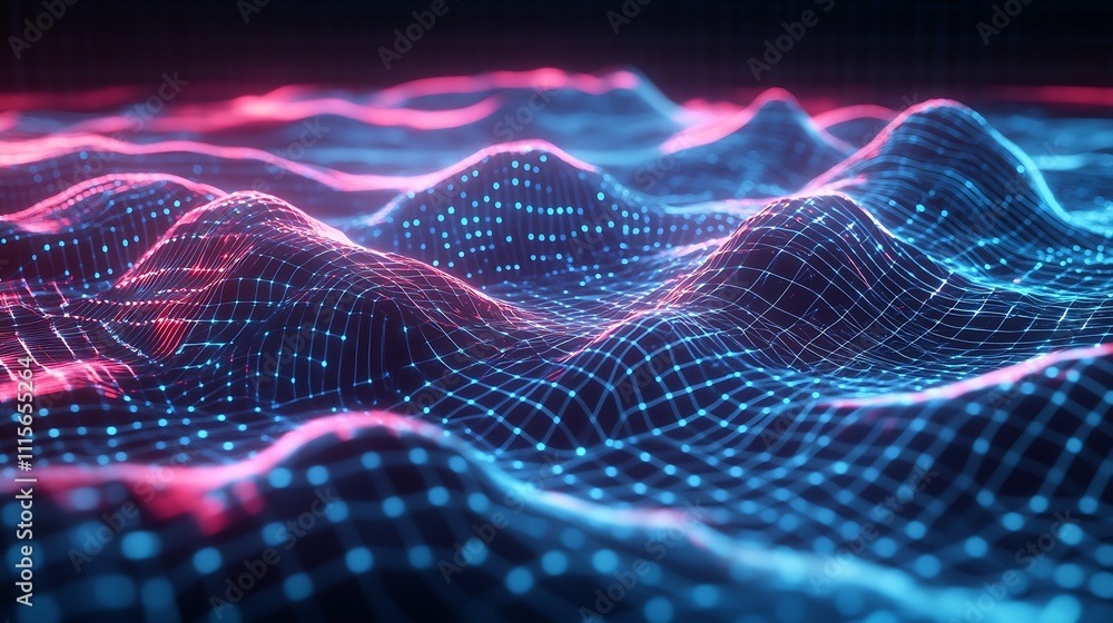 Poster abstract 3d visualization of digital waveforms in neon colors for tech and science backgrounds