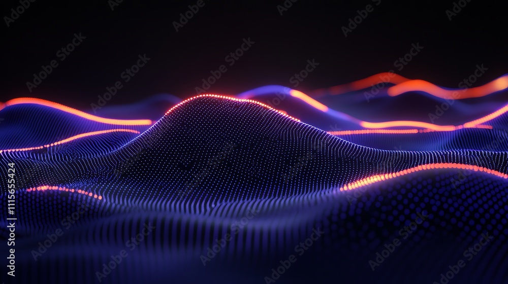 Poster abstract 3d waves with colorful light trails and digital particles in dark background for technology