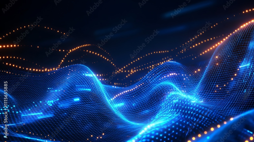 Poster abstract blue wave pattern with glowing dots creating a dynamic visual effect in dark background