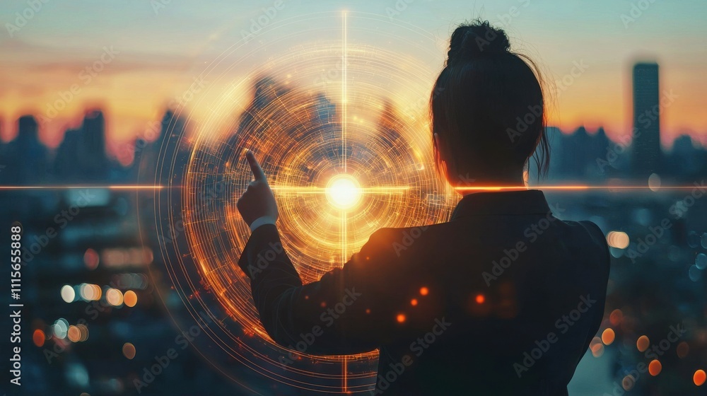 Poster a professional setting a business goal on a glowing interface with a city skyline visible in the bac