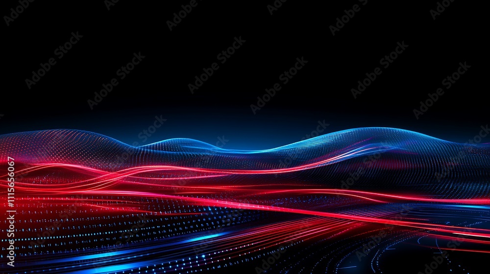 Poster abstract colorful wave pattern with blue and red lights illuminating a dark background in a digital 