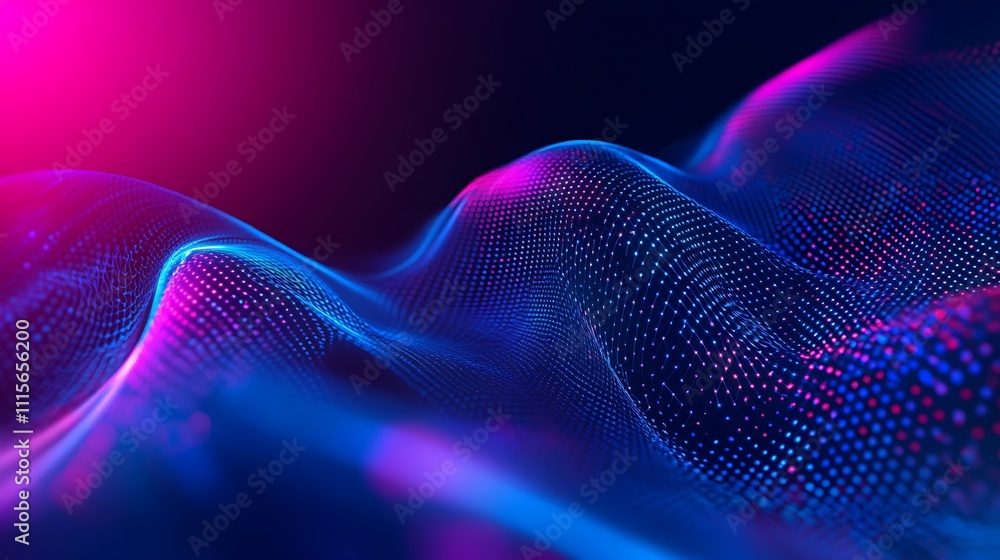 Poster abstract colorful waves of light in dark background, visual representation of digital technology and