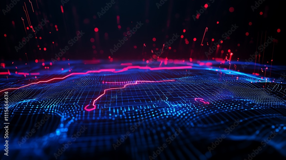 Poster abstract data visualization with colorful light effects on digital grid background