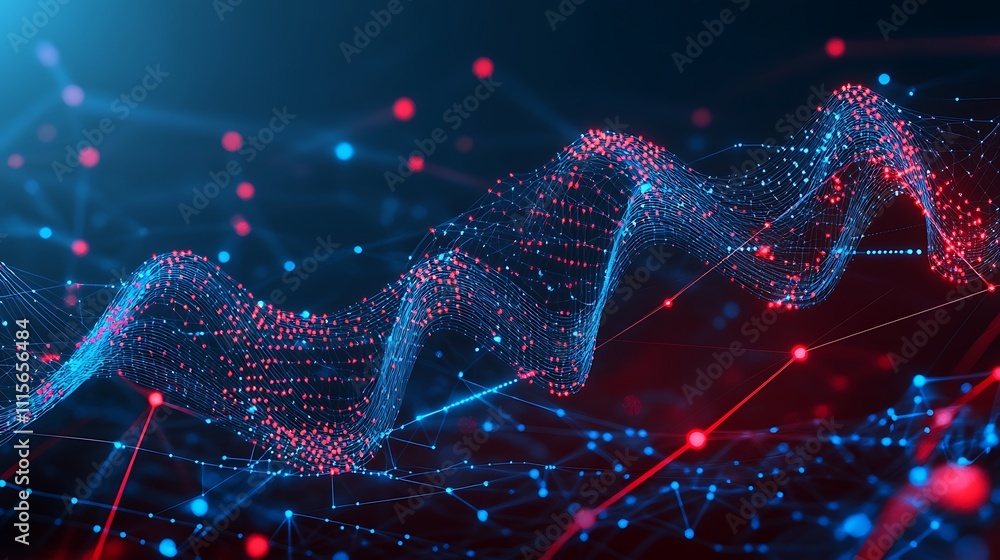 Poster abstract data visualization with waves of particles and dots in blue and red colors on dark backgrou